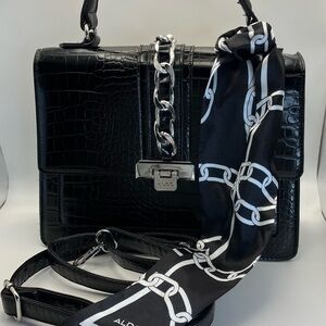 Aldo Black Croc-Embossed Satchel with Chain and Scarf
